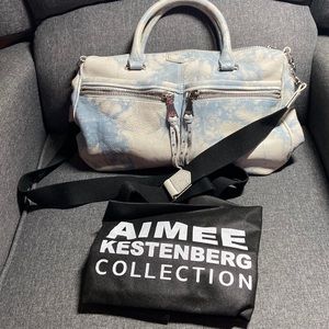Aimee Kestenburg leather satchel handbag in blue/white tie dye pattern.